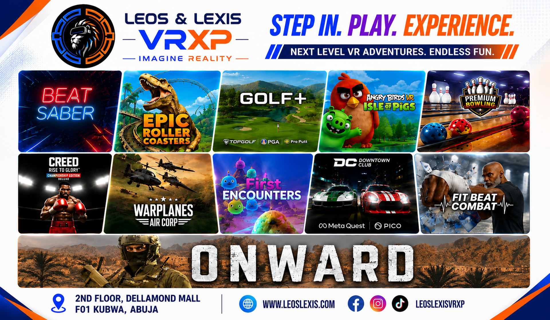 LEOS & LEXIS VRXP featured experiences including Beat Saber, Epic Roller Coasters, Golf+, Angry Birds VR, Premium Bowling, Creed, Warplanes, First Encounters, Downtown Club, Fit Beat Combat and Onward